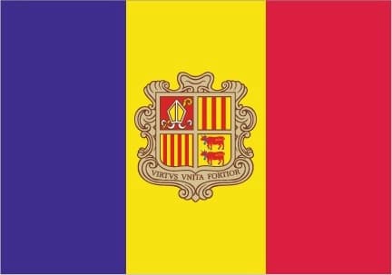 The flag of Andorra features three vertical bands of blue, yellow, and red, with the national coat of arms in the center of the yellow band. The colors reflect historical ties with France and Spain.