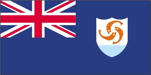 A Blue Ensign with the Union Jack in the canton and the coat of arms of Anguilla in the fly: a white shield bearing three orange dolphins in a circular formation, set above stylized blue waves.
