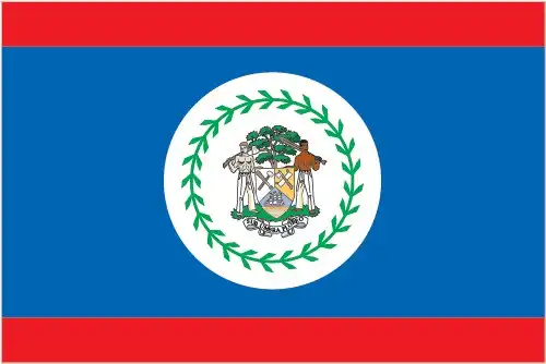 A royal blue field with narrow red stripes at the top and bottom edges, featuring a central white disk bearing the national coat of arms supported by two men of different ethnic backgrounds.