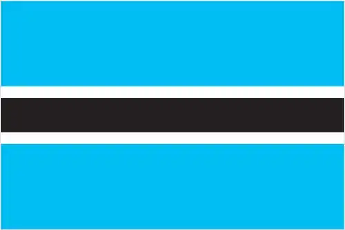 The flag of Botswana consists of a light blue field cut horizontally in the center by a black stripe with a thin white frame. The blue represents water, specifically rain, which is a precious resource in Botswana. The black and white bands symbolize the racial harmony and diversity of the country.