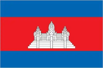 The flag of Cambodia features three horizontal bands of blue, red, and blue, with a white depiction of Angkor Wat in the center. The blue bands represent royalty, the red band represents the nation, and Angkor Wat symbolizes the country's cultural heritage and Buddhist traditions.