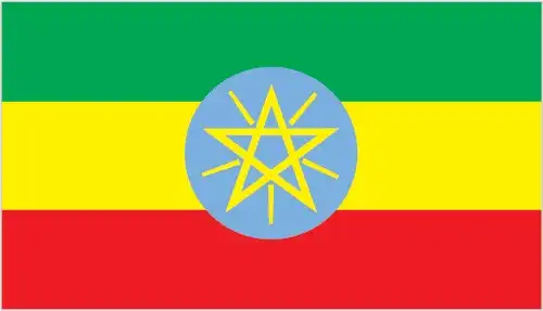 The flag of Ethiopia features three horizontal bands of green, yellow, and red, with the national emblem (a blue circle with a yellow star and rays) in the center. The green represents the land and hope, the yellow symbolizes peace and harmony, the red represents the blood shed for independence, and the emblem represents the unity of Ethiopia's diverse peoples and the bright future of the nation.