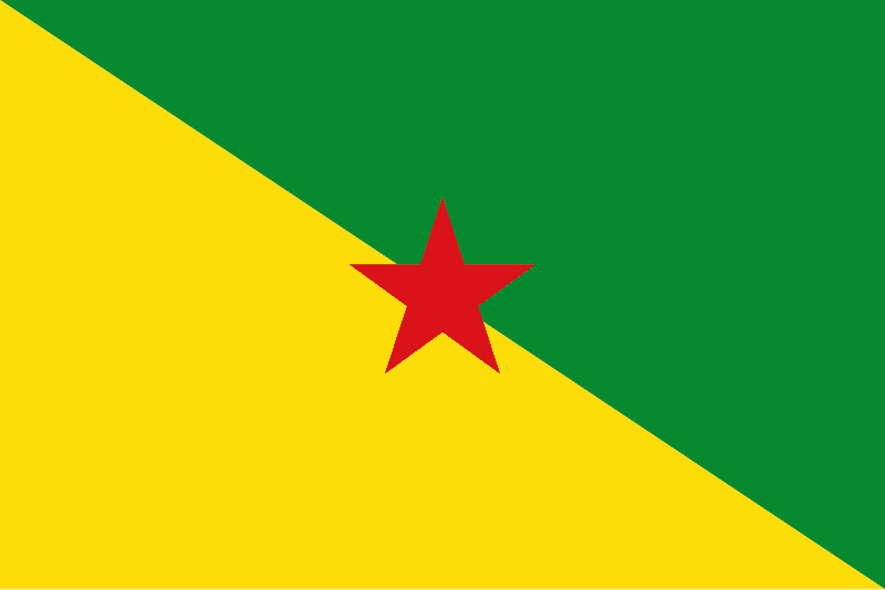 As an overseas department of France, the official flag is the French tricolour. However, a locally embraced unofficial flag features a diagonal division—green in the upper fly and yellow in the lower hoist—with a red five-pointed star at the center. It is widely used at local events and by sports teams.