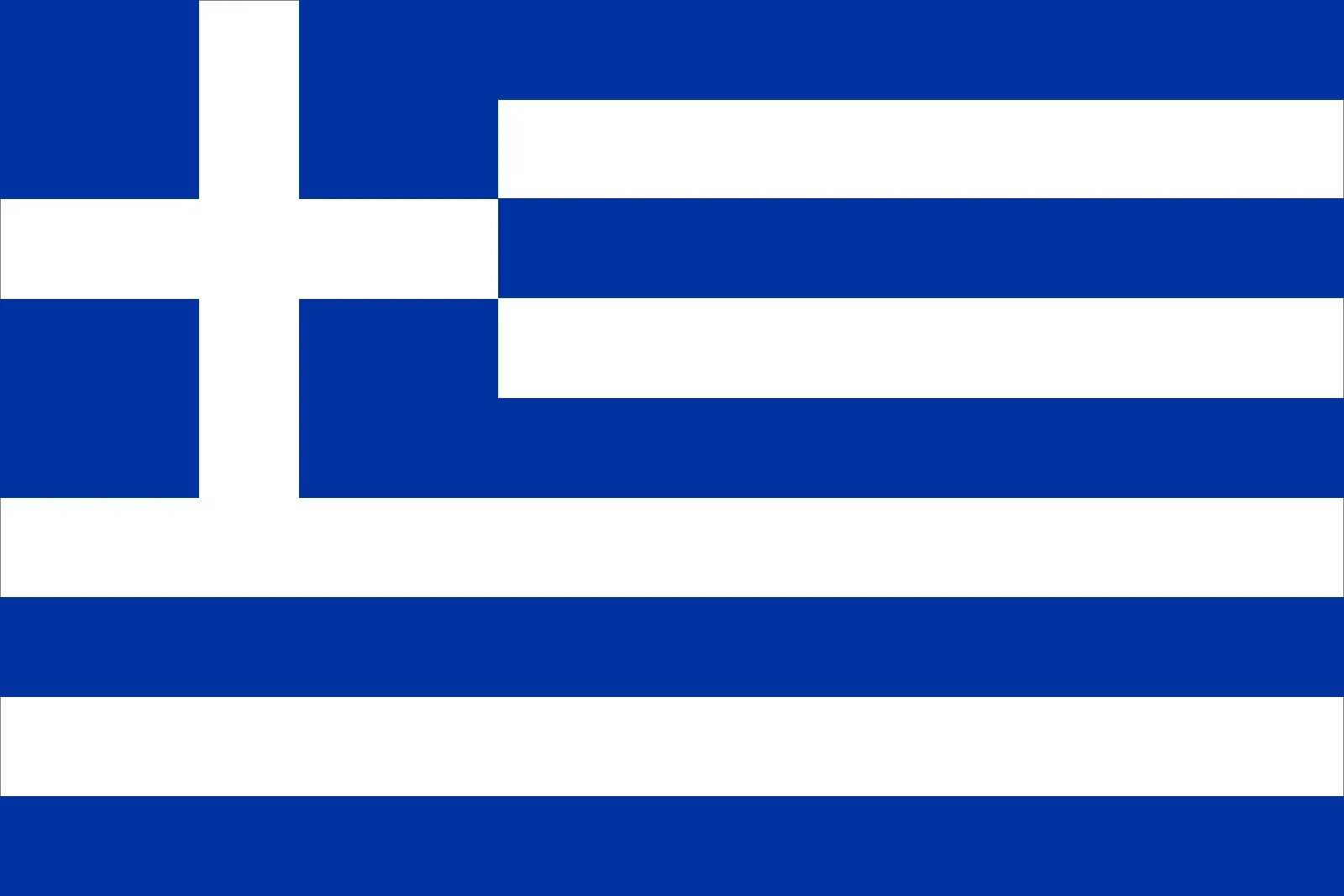 Greece’s national flag, commonly called the 'blue and white' or 'sky‑blue and white', features nine horizontal stripes alternating blue and white, plus a blue canton bearing a white cross in the upper hoist. The design reflects national values and historical struggles.