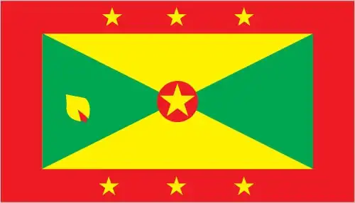 The national flag of Grenada features a rectangular design bordered by a wide red frame containing six gold stars, with a green field divided diagonally by a gold border into four triangles and a red disk at the center bearing a gold star. A nutmeg pod appears in the hoist triangle.