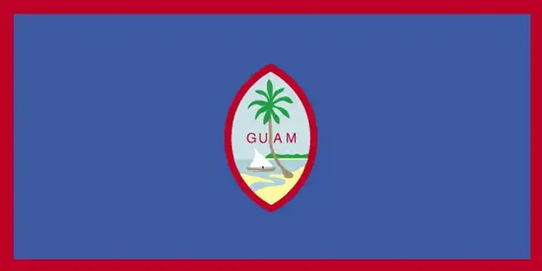 The flag of Guam features a dark blue field defaced with a distinctively shaped red-bordered oval at the center containing Guam’s coat of arms. The design combines symbols of natural beauty, cultural heritage, and naval history.