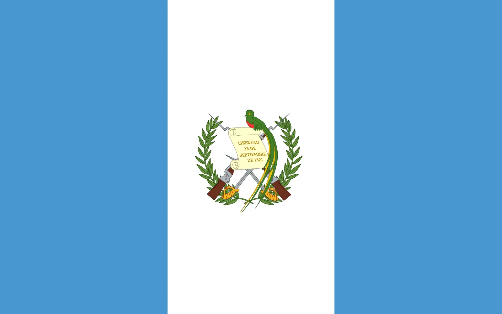 The flag of Guatemala consists of three vertical bands: two sky-blue outer panels flanking a white panel bearing the national emblem. The design reflects ideals of sovereignty, peace, and the nation’s ties to both the Pacific and Atlantic oceans.