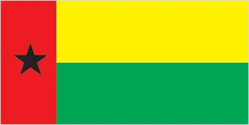 The flag of Guinea-Bissau features a vertical red band at the hoist containing a black five-pointed star, alongside horizontal yellow and green stripes. This bold design merges Pan-African symbolism with national aspirations for unity and liberation.