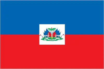 The national flag of Haiti features two equal horizontal bands of blue (top) and red, with the national coat of arms centered on a white panel in the civil design and official version. The coat of arms includes a palm tree, cannons, rifles, and a Phrygian cap, and bears the motto 'L'Union Fait La Force' – 'Unity Makes Strength'. The bicolor reflects Haiti’s revolutionary heritage and aspirations of unity between its diverse peoples, while avoiding vertical design to preserve its historical distinctiveness.