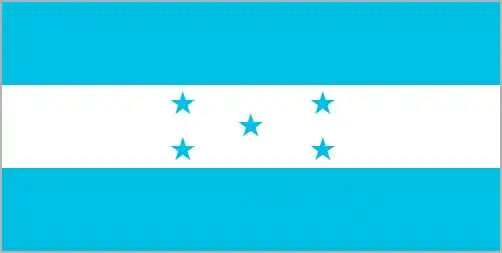 The national flag of Honduras consists of three horizontal bands—blue, white, and blue—with five blue five-pointed stars arranged in an X pattern within the central white stripe. Its design reflects maritime heritage and national unity following Central America’s independence from Spain.