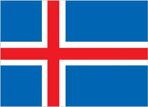 The national flag of Iceland features a bright blue field with a white-fimbriated red Nordic cross, shifted toward the hoist. Part of the Scandinavian cross family, the flag conveys a strong connection to the other Nordic countries through shared design heritage, while the bold colors evoke the country's dramatic natural environment—icy glaciers, fiery volcanoes, and open skies.