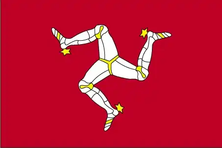 Isle of Man Flag - The flag of the Isle of Man features a unique emblem known as the ‘triskelion’—three armored legs bent at the knee, running in a clockwise direction—set against