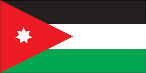 The flag of Jordan is a horizontal tricolor of black, white, and green bands connected on the hoist side by a red chevron containing a white seven-pointed star. The design directly echoes the 1916 banner of the Great Arab Revolt.