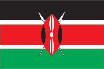 The national flag of Kenya features three horizontal bands of black, red (edged in white), and green, centered with a traditional Maasai shield and two crossed white spears. It symbolises African identity, struggle for freedom, and readiness to defend sovereignty.