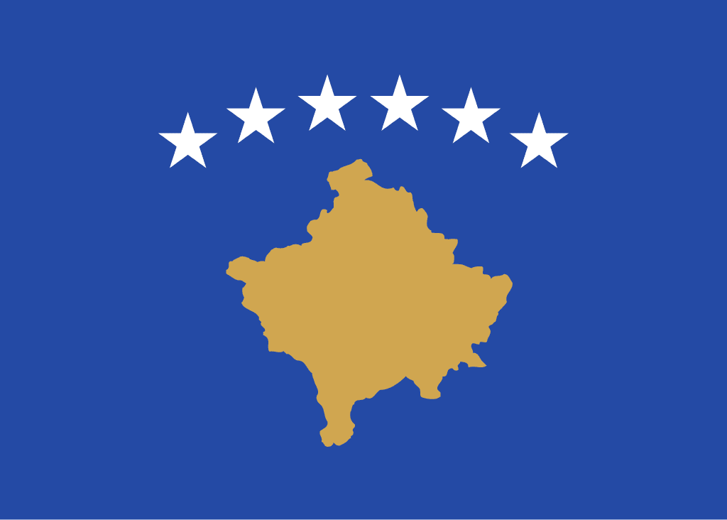 Kosovo’s flag features a deep blue field topped by six white five‑pointed stars arranged in an arc above a gold silhouette map of the country—creating a bold modern emblem of unity and European aspirations.