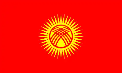 The flag of Kyrgyzstan features a deep red field charged in the center with a stylized golden sun made of forty evenly spaced rays encompassing a red circular ‘tunduk’ (roof crown of a traditional yurt), viewed from below. This unique composition evokes Kyrgyzstan’s nomadic heritage, unity, and cultural identity.
