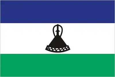 Lesotho’s flag consists of three horizontal stripes—blue, white, green—with a black *mokorotlo* (traditional Basotho straw hat) centered on the white stripe. Adopted in 2006, the design replaced previous militaristic emblems with a symbol of peace and cultural heritage.