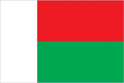 The national flag of Madagascar consists of a vertical white band at the hoist and two horizontal stripes—red above, green below—reflecting both regional traditions and a unified national identity through bold, simple geometry.