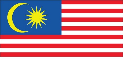 The Malaysian flag, known as Jalur Gemilang, consists of 14 equal horizontal stripes alternating red and white, with the red stripe at the top and white stripe at the bottom. In the upper left canton is a dark blue rectangle containing a yellow crescent moon and a 14-pointed yellow star called the Federal Star. The flag represents the unity of Malaysia's states and federal territories through its distinctive design elements.
