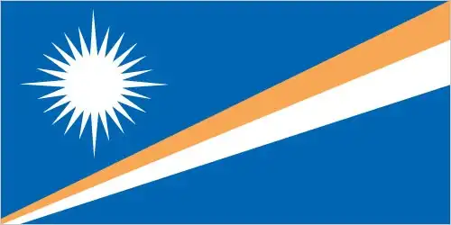 The national flag of the Marshall Islands features a deep blue field with two diagonal stripes—orange and white—radiating from the lower hoist toward the upper fly, topped by a large white star with 24 rays. Its radiant symbolism reflects the islands’ geography and democratic traditions.