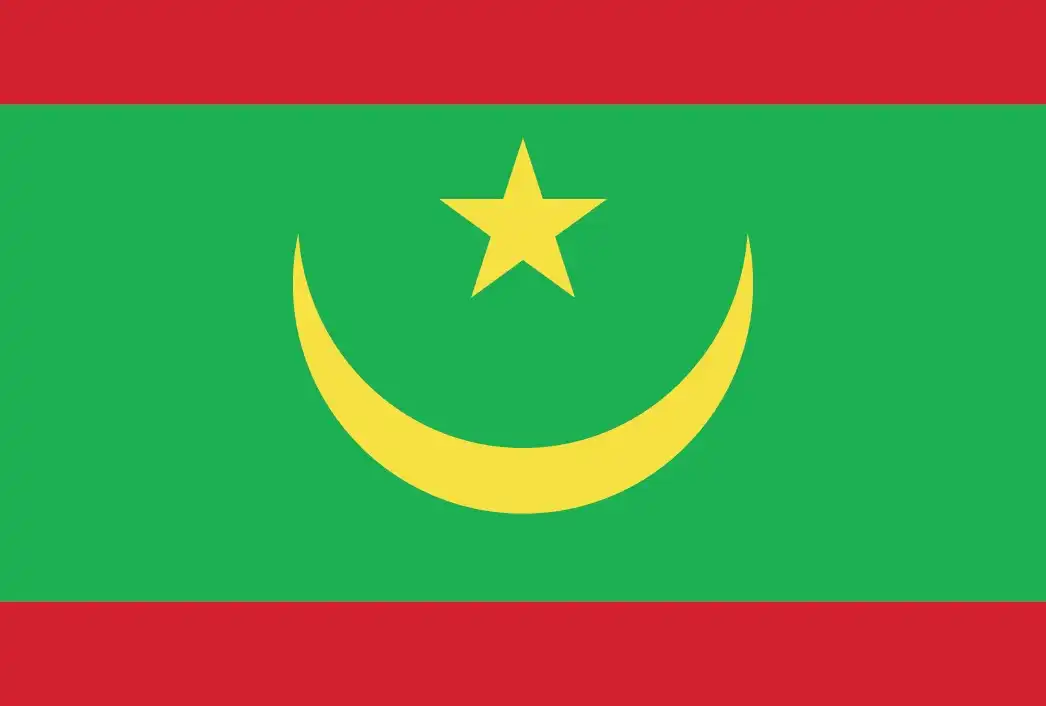 Mauritania’s national flag features a deep green field bearing a gold upward-pointing crescent and star, framed by horizontal red stripes at the top and bottom. The green and gold reflect Islamic tradition and the desert, while the red stripes commemorate national sacrifice and unity.