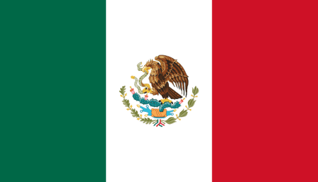 The Mexican flag consists of a rectangle divided into three equal vertical bands of Green, White, and Red (from left to right). In the center of the white band lies the national emblem — an eagle devouring a snake while perched on a cactus.