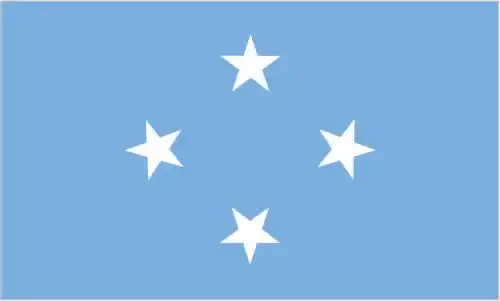 The national flag of Micronesia features a light blue field with four white five-pointed stars arranged in a diamond pattern centered on the flag, symbolizing the ocean and the federal states that comprise the nation.
