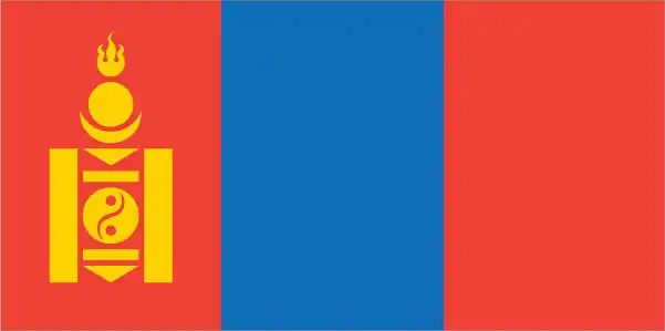 The Mongolian flag is a vertical tricolor of red–blue–red, with the national Soyombo symbol in yellow centered on the hoist‑side red stripe. The Soyombo motif integrates elements representing fire, sun, moon, earth, water, yin-yang, and dual triangles.