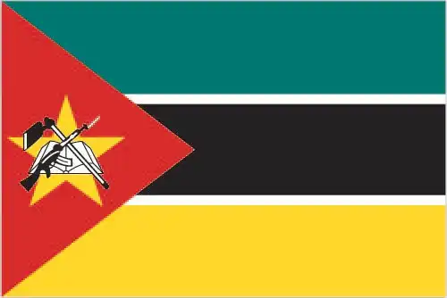 Mozambique’s flag is comprised of horizontal stripes of green, black, and yellow separated by white fimbriations, and a red triangle at the hoist bearing a gold star above an AK‑47 crossed with a hoe over an open book—a bold emblem of education, agriculture, defense, and socialism.