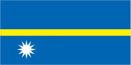 Nauru’s flag bears a deep blue field bisected horizontally by a thin golden stripe, over which sits a white twelve‑pointed star near the hoist—an evocative representation of its geographical and cultural identity.