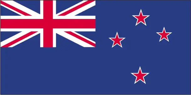 The national flag of New Zealand is a Blue Ensign featuring the Union Jack in the canton and four red five‑pointed stars with white borders on the fly side, representing the Southern Cross constellation—a blend of colonial heritage and southern identity.