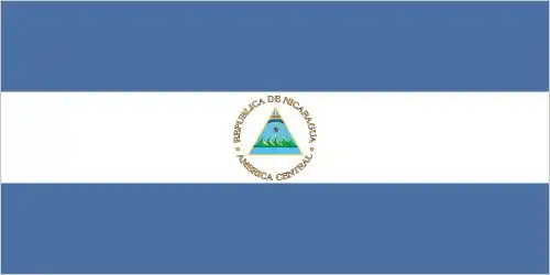 Nicaragua’s flag is a horizontal triband of azure–white–azure (3:5 ratio), with the national coat of arms centered in the white stripe, featuring a triangle with five volcanoes, a rising sun, a Phrygian cap, and a rainbow.
