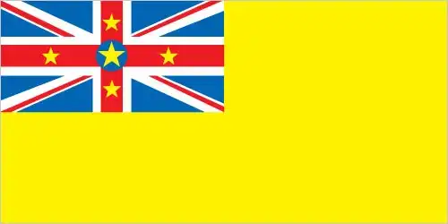 Niue’s flag features a gold field with the Union Jack in the upper hoist quarter. The Union Jack includes a blue disc at its center bearing a larger yellow star, flanked by four smaller yellow stars positioned on the cross. The design uniquely blends colonial heritage with local symbolism.