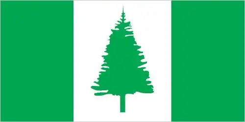The flag of Norfolk Island is a vertical green–white–green triband with a green Norfolk Island pine tree centered in the white stripe. It is a clear emblem of the island’s natural identity and botanical heritage.