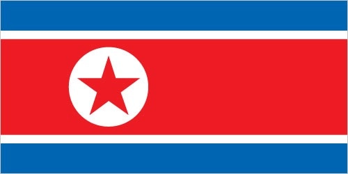 The Democratic People's Republic of Korea flag, commonly known as the 'Blue-Red Republic Flag' or 'Red-Blue Five-Star Flag'. The flag features a red horizontal band in the center with blue borders above and below, separated by thin white stripes. A red five-pointed star is embedded in a white circle on the hoist side of the red band.