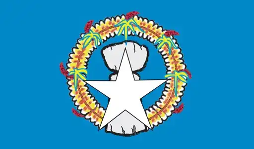 The flag of the Commonwealth of the Northern Mariana Islands features a pale blue field centered with a white star over a gray latte stone, encircled by a traditional Carolinian floral wreath (mwarmwar), combining indigenous identity with U.S. affiliation.