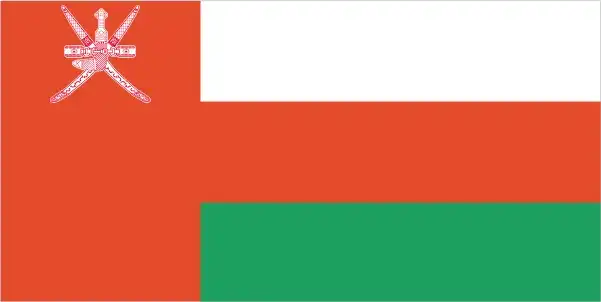 Oman’s flag features a vertical red stripe at the hoist bearing the national emblem, alongside three horizontal stripes of white, red, and green—a design merging tradition, peace, and national identity.
