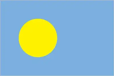 Palau’s flag consists of a pale blue field bearing a golden-yellow disc (moon) that is slightly shifted toward the hoist—evoking the Pacific Ocean and the full moon’s cultural importance.