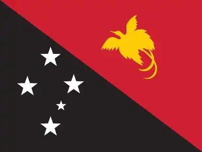 Papua New Guinea’s flag is diagonally divided from upper hoist to lower fly: the upper triangle is red with a soaring yellow Raggiana bird‑of‑paradise; the lower triangle is black with the Southern Cross constellation in five white stars—melding cultural heritage with regional identity.