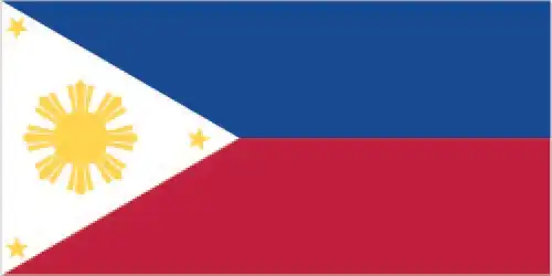 The flag of the Philippines features a horizontal bicolor of blue over red, with a white equilateral triangle at the hoist containing a golden-yellow sun with eight rays and three five-pointed stars—symbolizing unity, independence, and heroism.