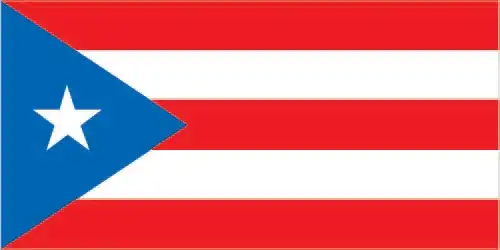 Puerto Rico’s flag features five horizontal stripes (three red, two white) with a blue equilateral triangle at the hoist containing a white five‑pointed star. Designed as an inversion of the Cuban flag, it blends Caribbean solidarity with local national identity.