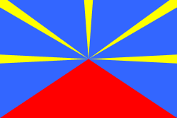 As a French overseas department, Réunion officially uses the French tricolour. However, since 2003 the unofficial ‘Lö Mahavéli’ (Radiant Volcano) flag—depicting Piton de la Fournaise erupting with five golden rays on a navy-blue field—has gained popularity among local councils and communities.