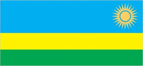 Rwanda’s flag is a horizontal tricolor of sky-blue (top), gold, and green, with a golden sun bearing 24 rays in the top-right corner—designed to symbolize national renewal, unity, and prosperity.