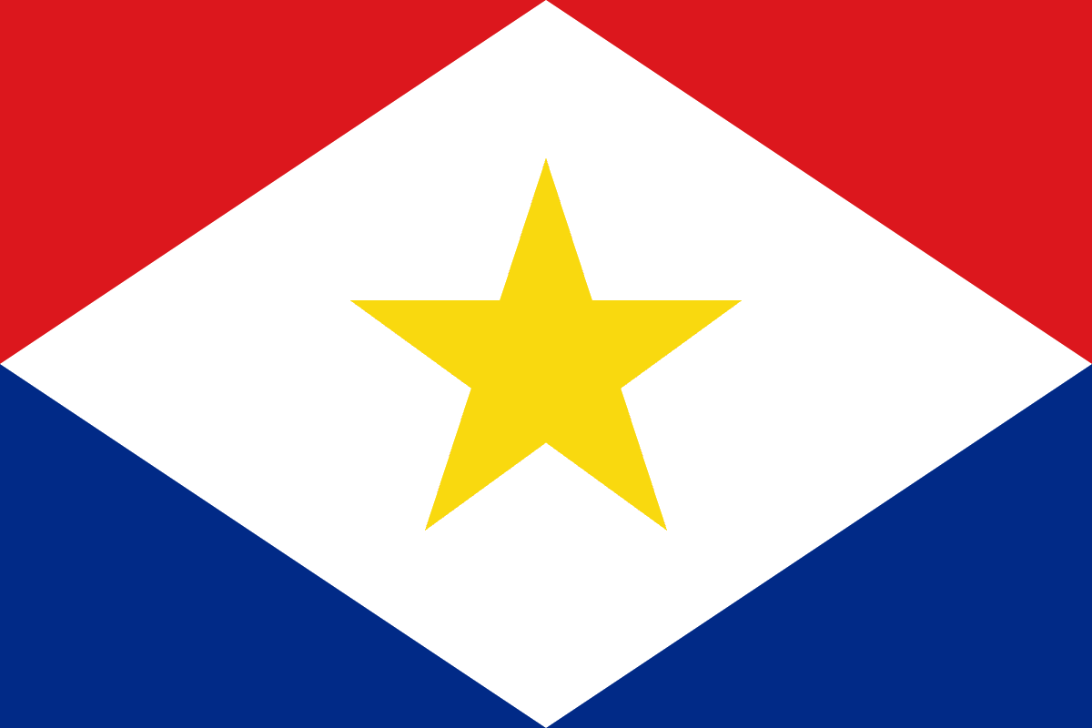 The flag of Saba has a white diamond at its centre charged with a golden five-pointed star, framed by two red triangles at the top and two blue triangles at the bottom. The star represents the island of Saba, red stands for courage, unity and strength, white for peace, and blue for the surrounding sea and Saba's ties to the Netherlands.