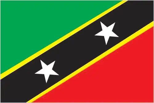 The flag of Saint Kitts and Nevis features a diagonal black band edged in yellow from lower hoist to upper fly, dividing a green upper triangle and a red lower triangle, with two white stars centered in the black—signifying national unity, hope, and the dual-island federation.