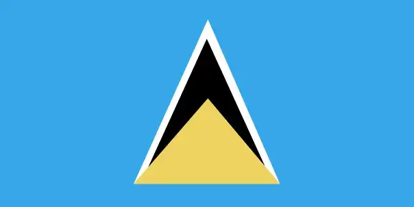 The flag of Saint Lucia has a cerulean-blue field charged with a golden isosceles triangle outlined in black and white, representing the island’s volcanic peaks, sunshine, and cultural harmony.