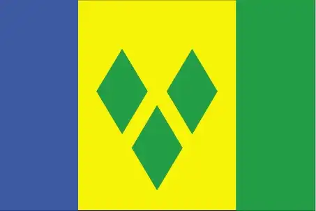 The flag features a vertical tricolor of blue, gold (double width), and green, with three green diamonds centered on the gold stripe forming a 'V'—earning the country the moniker ‘Gems of the Antilles.’
