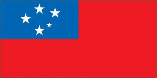 Samoa’s flag features a bold red field with a dark blue canton containing the Southern Cross constellation—consisting of four large and one smaller five‑pointed white stars—symbolizing the nation's location in the South Pacific and its connection to the wider world.