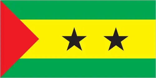 The flag of São Tomé and Príncipe is a horizontal triband of green, yellow, and green, with a red isosceles triangle at the hoist and two central black stars—highlighting the country’s Pan‑African solidarity, lush landscape, independence struggle, and its two major islands.