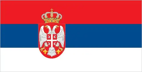 Serbia’s flag is a horizontal tricolor of red (top), blue, and white, with the national coat of arms—featuring a double‑headed eagle and Serbian cross—positioned near the hoist, symbolizing statehood, heritage, and unity.